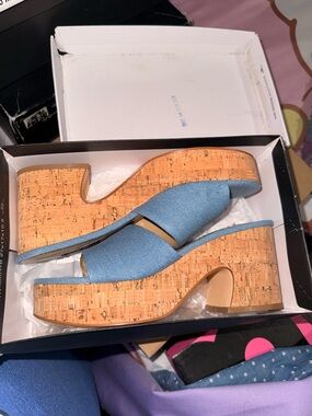Nine West Light Blue Denim Cork Platform Slide Sandals